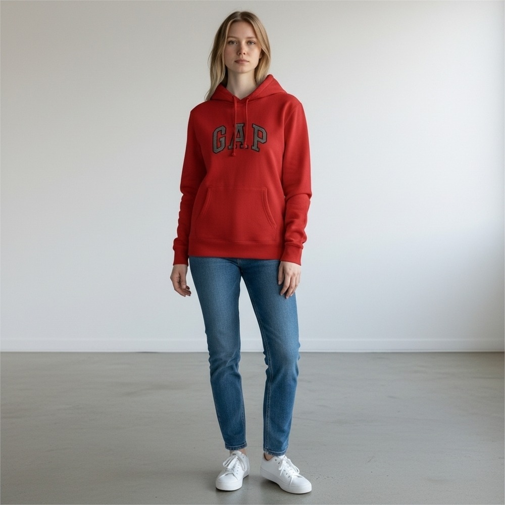 GAP Y2K Women's Sweatshirt Maroon Hoodie Embroidered Spell Out Side Vent Size L